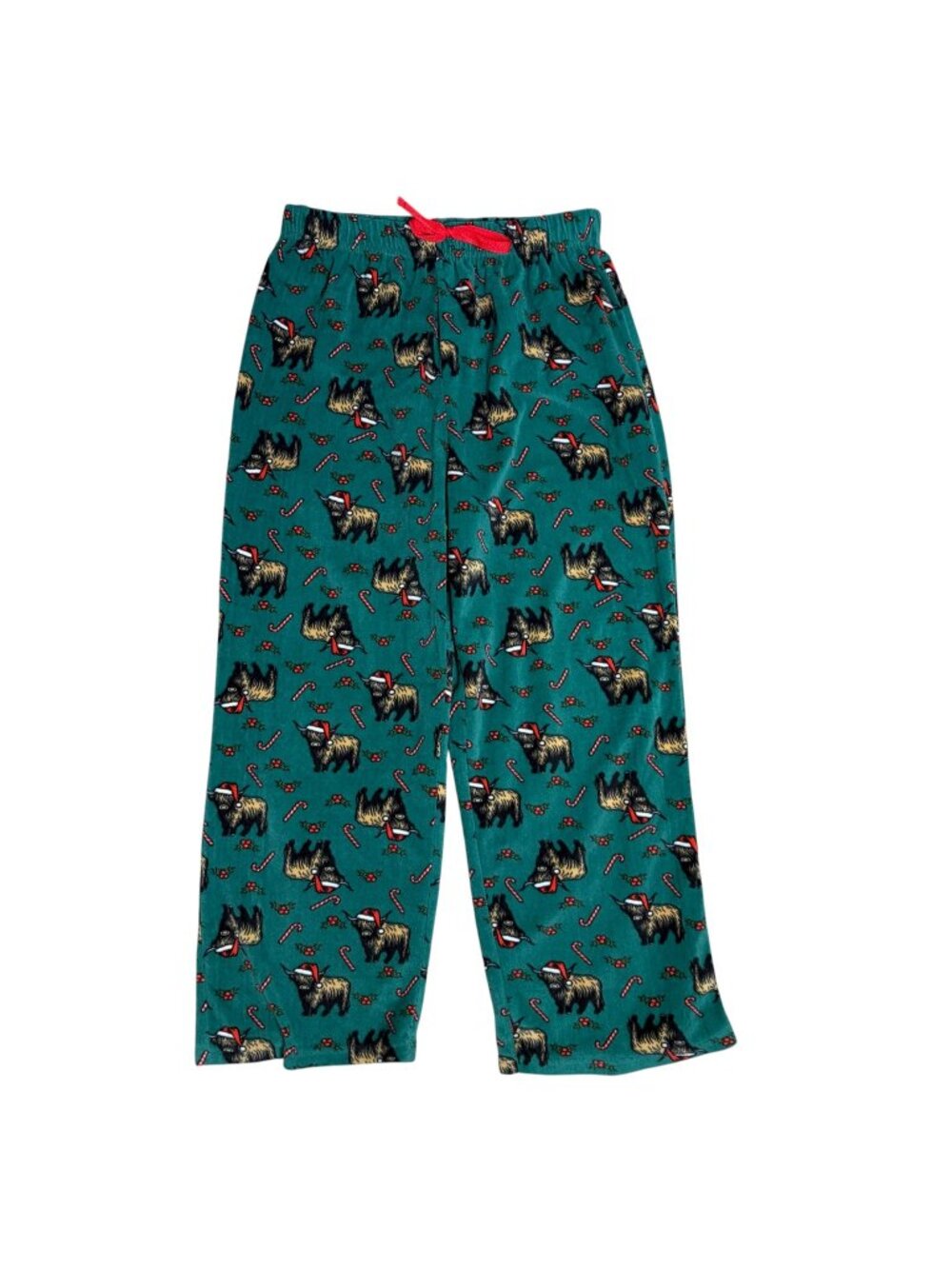Highland Cow Christmas Pajama Pants Size L Green Plush Fleece Santa Hat Candy Ca